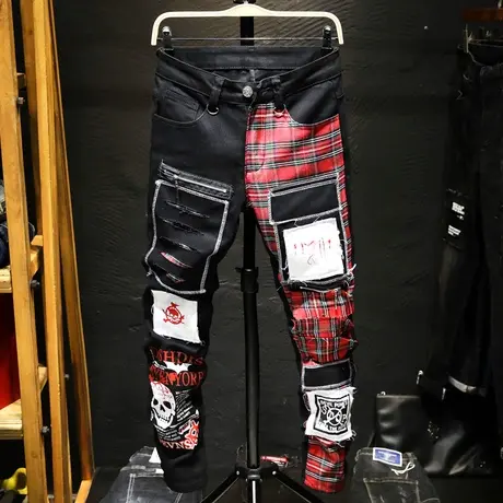 夏季款破洞牛仔裤男修身小脚乞丐裤男士补丁潮牌街头潮流贴布新款商品大图