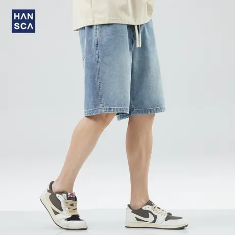 hansca宽松休闲牛仔短裤男潮牌2023年夏季美式复古抽绳直筒五分裤商品大图