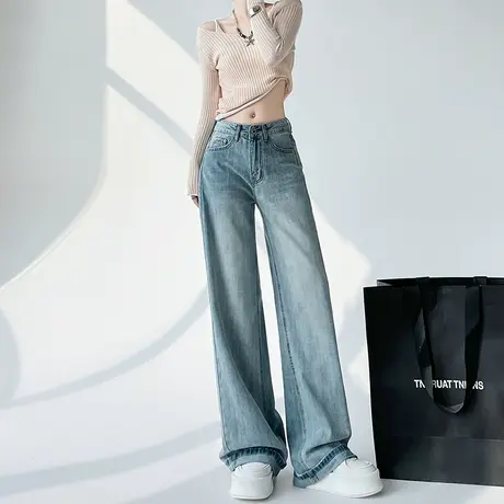 复古窄版阔腿牛仔裤女2024春季新款高腰宽松显瘦垂感直筒拖地长裤商品大图