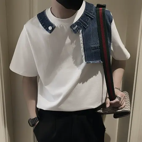 设计感重磅牛仔拼接T恤男夏季潮牌短袖个性痞帅网红小众半袖t恤衫商品大图