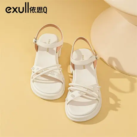 exull依思q一字带凉鞋女夏季新款法式外穿粗跟软底珍珠配裙子的鞋商品大图
