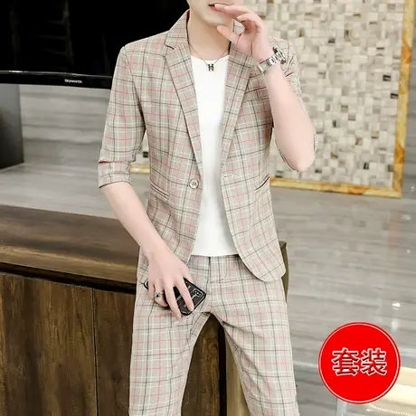 西服套装男士夏季新款韩版潮流格子中袖时尚男装休闲七分袖小西装商品大图