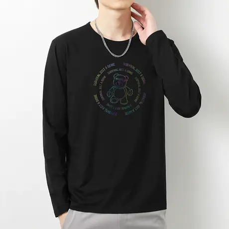 莫代尔秋季长袖t恤男圆领上衣服潮流内搭打底衫小熊印花薄款体恤商品大图