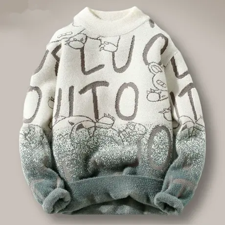 水貂绒毛衣男士秋冬季半高领青少年学生针织加绒加厚款潮流羊毛衫商品大图