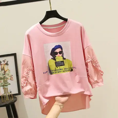 2021夏季新款七分袖宽松圆领显瘦印花美女T恤荷叶袖甜美小衫上衣图片