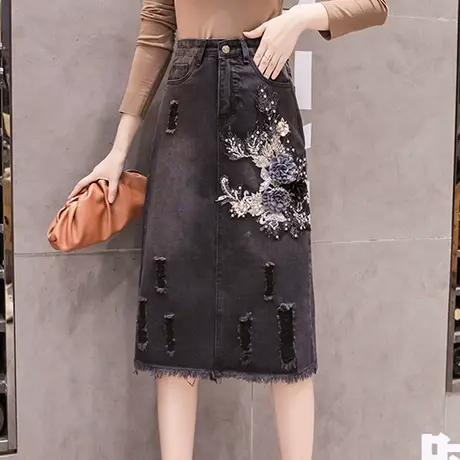 牛仔裙半身裙女时尚春夏新款包臀A字裙复古高腰中长绣花钉珠黑色7图片