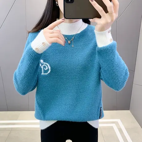 水晶绒半高领毛衣女春装新款韩版宽松套头加厚内搭长袖针织打底衫图片