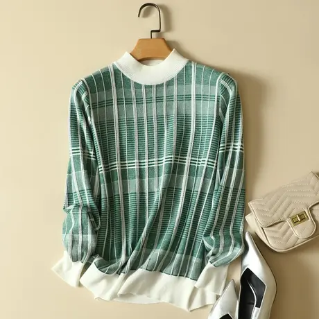 条纹半高领针织衫女士秋冬新款宽松套头衫内搭显瘦长袖打底衫毛衣商品大图