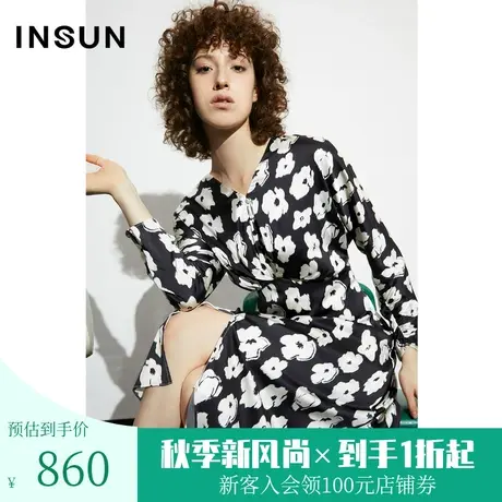 恩裳COVER2023夏季新款缎面碎花连衣裙袖口缩褶V领桑蚕丝冰丝裙子图片