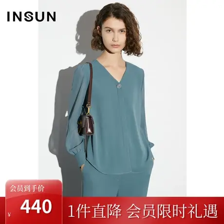 恩裳COVER2023年春款新款V领商务感上衣大身防透视面料拼接袖衬衫图片