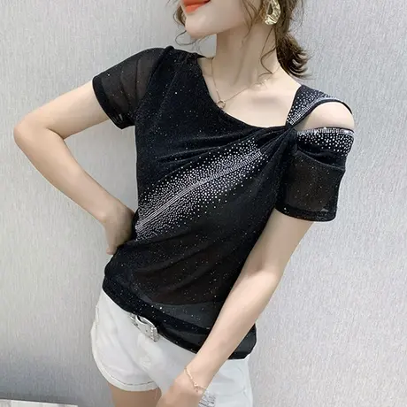 性感露肩短袖T恤女2023夏季新款时尚烫钻网纱上衣修身气质小衫潮商品大图
