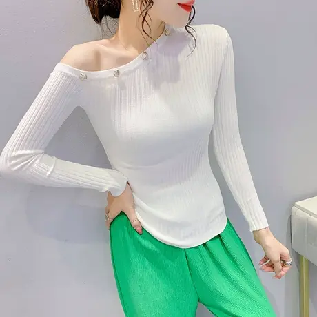 2023春装新款性感露肩上衣女洋气欧货打底衫长袖设计感小众针织衫图片