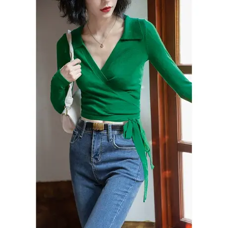 弥古绿色v领针织衫长袖绑带紧身上衣设计感小众女秋季polo打底衫商品大图