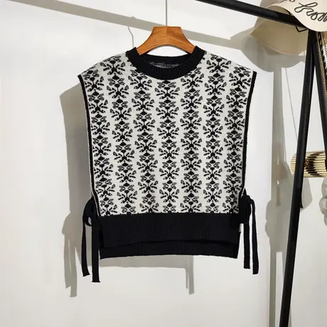 针织背心马甲女秋冬新款复古提花侧边系带设计感小众毛衣坎肩外穿商品大图