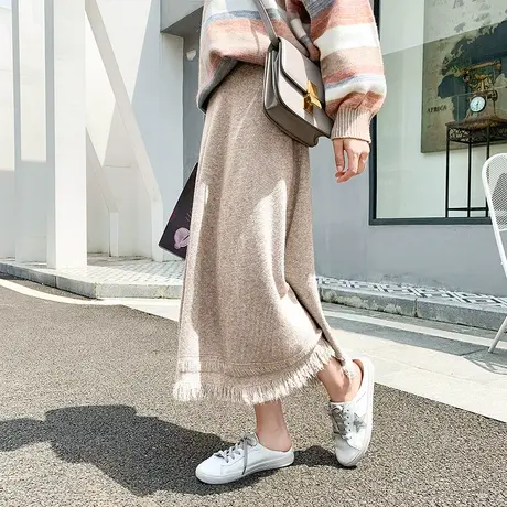 秋冬季流苏针织半身裙燕麦色遮胯加厚高个子毛线裙子女冬天配毛衣图片