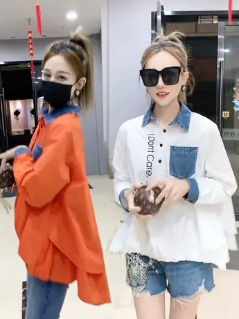 2023春秋款爆款拼接衬衫女不规则前短后长显瘦遮肚子长袖外穿上衣商品大图