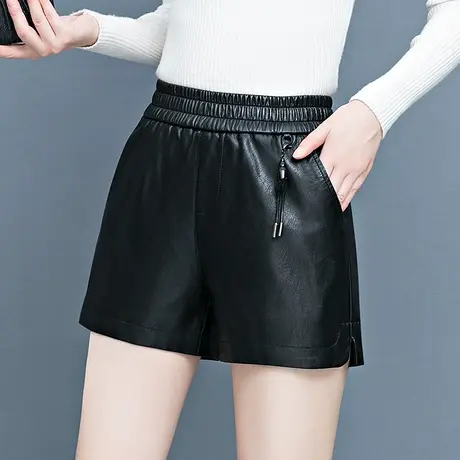 秋冬黑色皮短裤女2023年新款高腰显瘦pu皮裤松紧腰宽松阔腿靴裤潮图片
