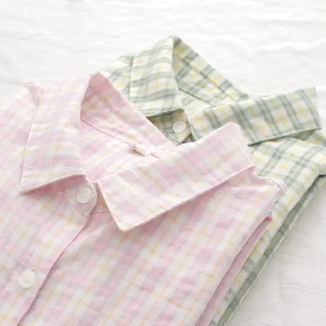 春秋装日系文艺小清新纯棉粉格子长袖衬衫女学生宽松百搭打底上衣图片