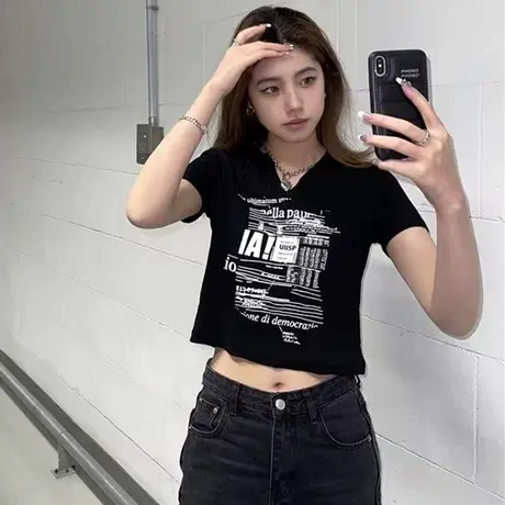 黑色短袖t恤女夏季v领纯棉印花半袖韩版宽松上衣女潮大码胖mm显瘦图片