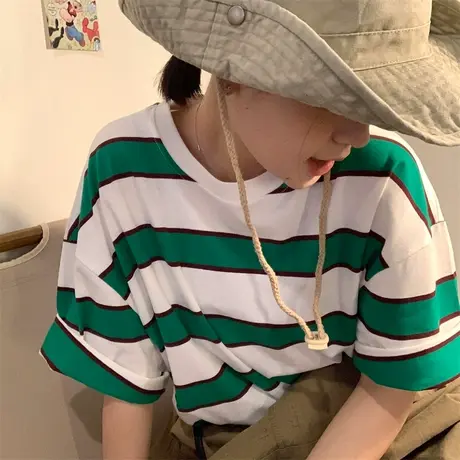 红续条纹短袖t恤女2023年夏新款宽松小个子港风复古百搭上衣ins潮图片