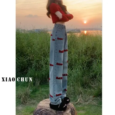 美式高街刺绣牛仔裤女2023年春秋新款宽松阔腿直筒高腰长裤子春装图片