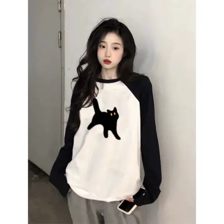 纯棉插肩长袖T恤女秋季百搭设计感小众宽松显瘦体恤上衣服潮ins商品大图