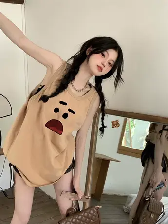 背心无袖t恤女夏季新款2023宽松运动中长款美式复古甜辣吊带上衣商品大图