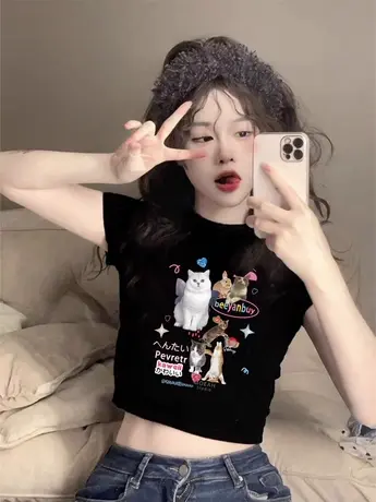 甜酷辣妹短袖t恤女夏季修身美式复古bm风独特小众露脐短款上衣潮图片