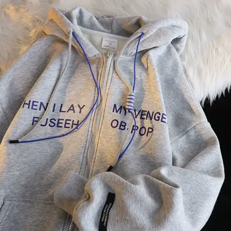 设计感连帽拉链卫衣女秋冬加绒加厚ins潮牌宽松大码chic港味外套图片