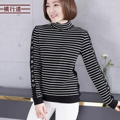 2023冬季新款宽松加厚上衣长袖t恤女字母刺绣花条纹半高领打底衫商品大图