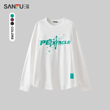 三福2023秋男士泼墨星星印花长T恤 休闲宽松圆领纯棉上衣477030商品大图