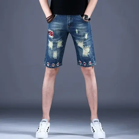 2023春夏男士新款牛仔时尚修身破洞补丁小直筒中裤潮牌帅痞炸街裤商品大图