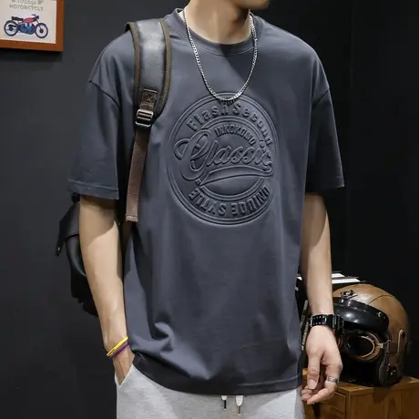 高端重磅短袖t恤男立体印花胖子大码男装ins潮牌男士纯棉体恤夏季商品大图