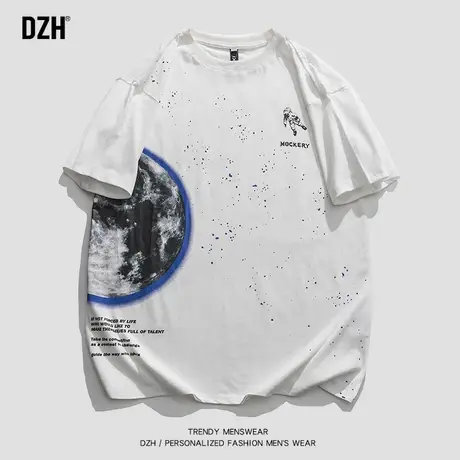 男生星球印花t恤男纯棉ins潮流百搭夏季男装2023新款白t短袖潮牌商品大图