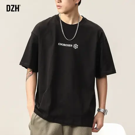 男士黑色重磅圆领t恤男短袖夏季2023新款印花纯棉上衣宽松五分袖商品大图