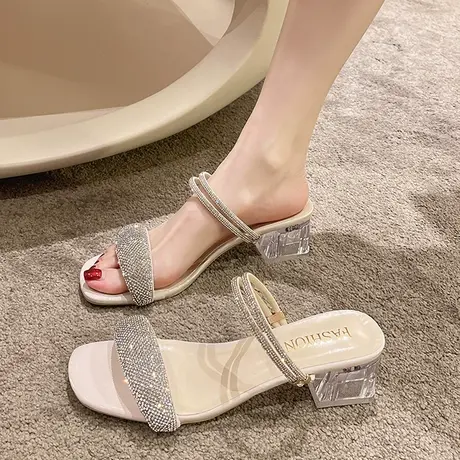 水钻鞋子女拖鞋2023年夏季新款两穿百搭凉鞋女粗跟一字带高跟鞋夏商品大图