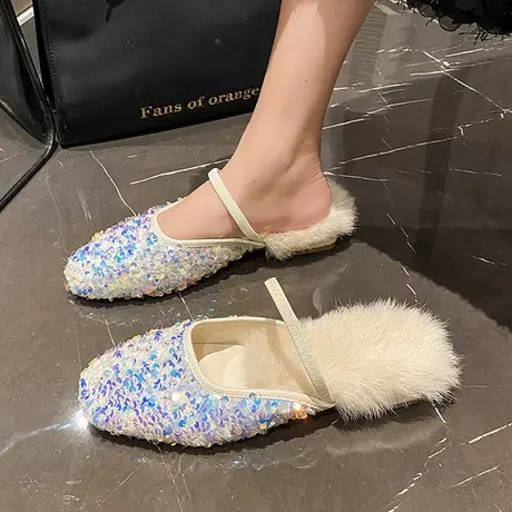 气质亮片包头毛毛凉鞋女2023秋季新款尖头平底一字带半拖尖头拖鞋商品大图