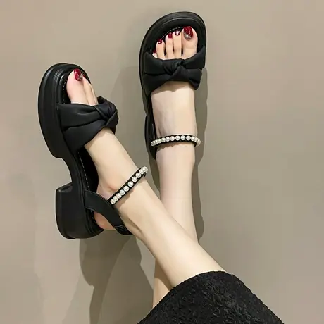 高级黑色凉鞋女今年流行的夏季中跟女鞋舒适上班工作鞋防水台百搭商品大图