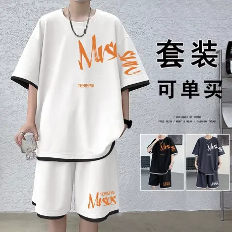 运动套装男夏季2025新款美式休闲短袖短裤两件套情侣居家潮流宽松商品大图