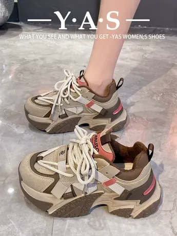 2023新款秋冬季加绒老爹鞋女百搭ins防滑厚底休闲黑粉色运动棉鞋图片