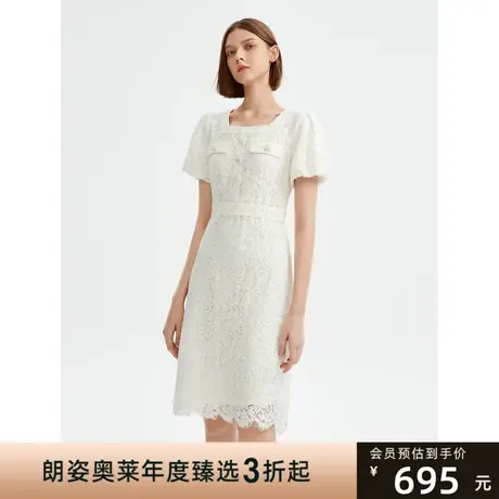 朗姿法式复古方领泡泡袖蕾丝连衣裙2023夏季新款显瘦小香风裙子女图片