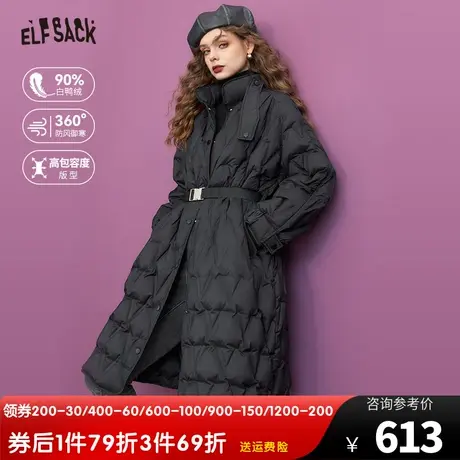 妖精的口袋中长款复古菱格羽绒服外套女2023冬季新款宽松黑色外套商品大图