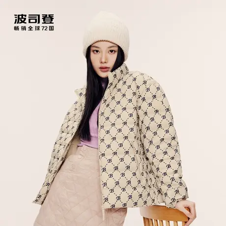 波司登2023秋新款轻暖卡其老花不撞色个性女士立领羽绒服外套短款商品大图