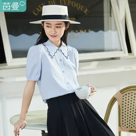 茵曼翻领花边衬衫女2023夏季新款宽松泡泡袖气质通勤短袖轻薄衬衣图片