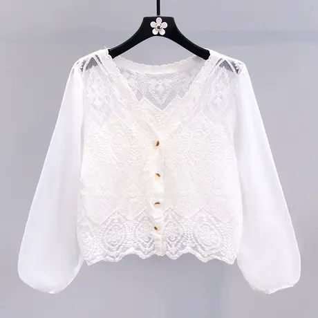 V领镂空蕾丝衬衫女2023年早春新款小清新设计感修身显瘦打底上衣图片