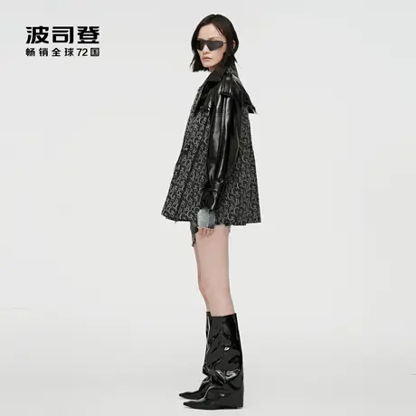 波司登女鹅绒羽绒服设计师时尚廓形环保皮革拼接风衣领抽绳x显瘦商品大图