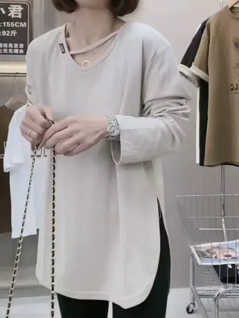 甜辣风长袖T恤女装u领春秋季新款宽松设计感开叉小众上衣打底衫潮图片