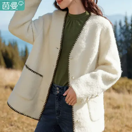 茵曼官方旗舰店小香风毛呢外套女装2024春秋季新款短款大衣高级感图片