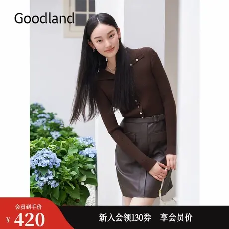 Goodland美地2024冬季新款美拉德木耳边翻领毛针织衫修身上衣商品大图