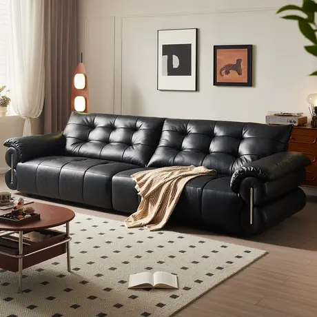 全友112061情怀黑色沙发组合客厅家用直排真皮沙发商品大图